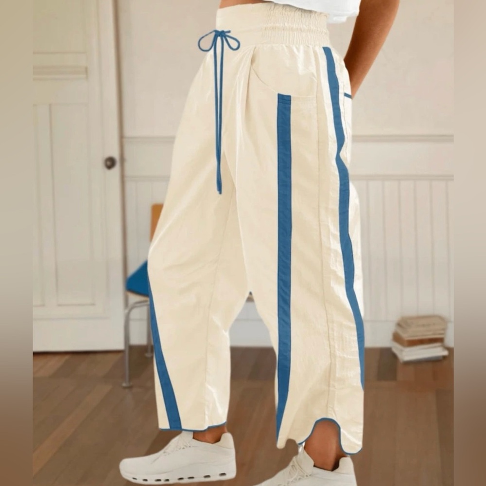 Casual Wide-Leg Cream Pants with Blue Stripe